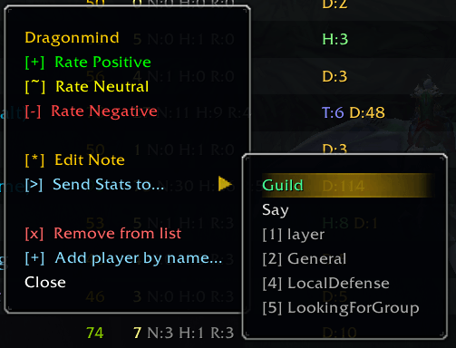Right-click context menu with Send Stats to submenu expanded