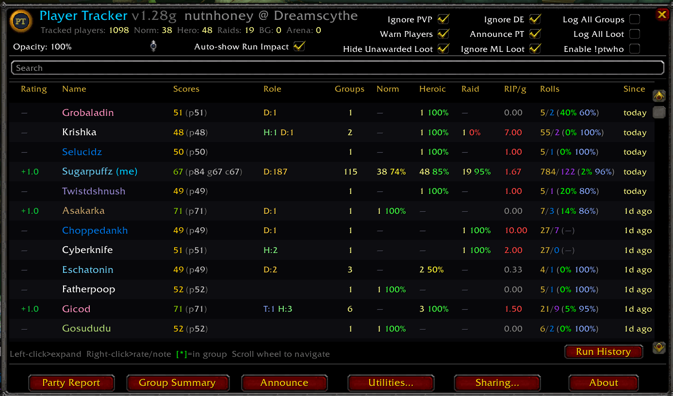 Addon main window showing tracked players, scores, roles, clears, deaths, and roll history