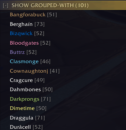 List of players you have grouped with alongside this player, each with their score
