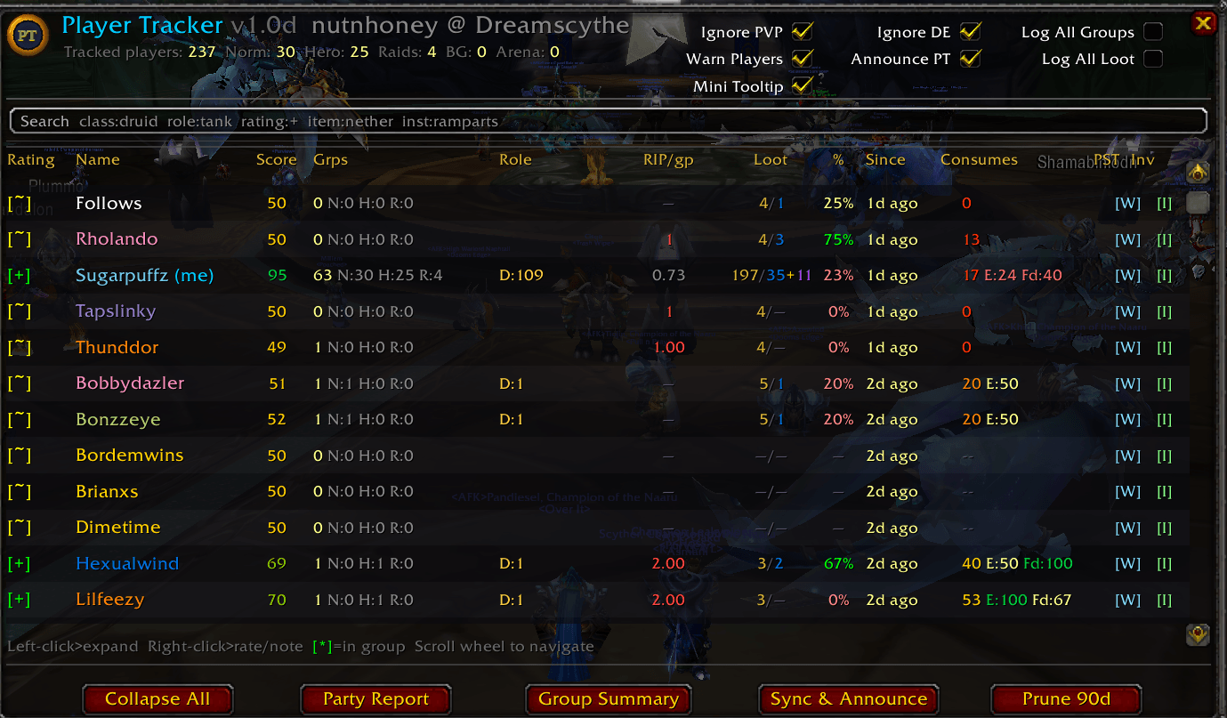 The main PlayerTracker window showing a sortable list of tracked players