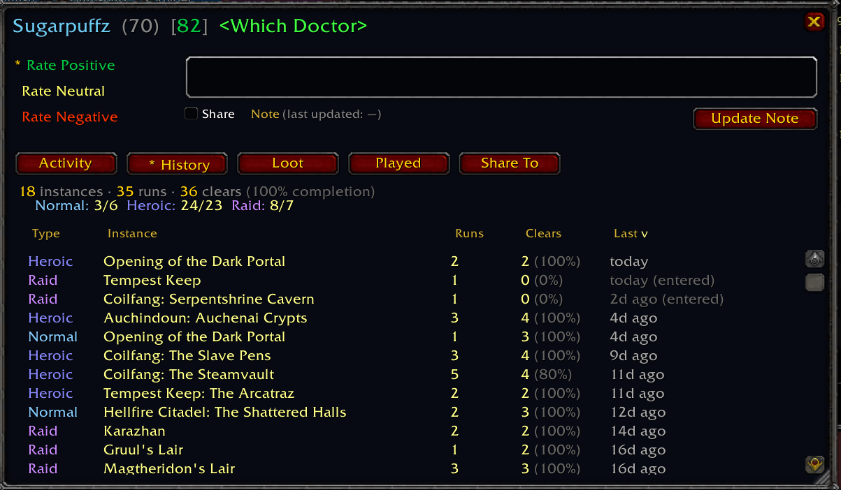 Addon player detail History tab listing instance runs, clears, and last activity