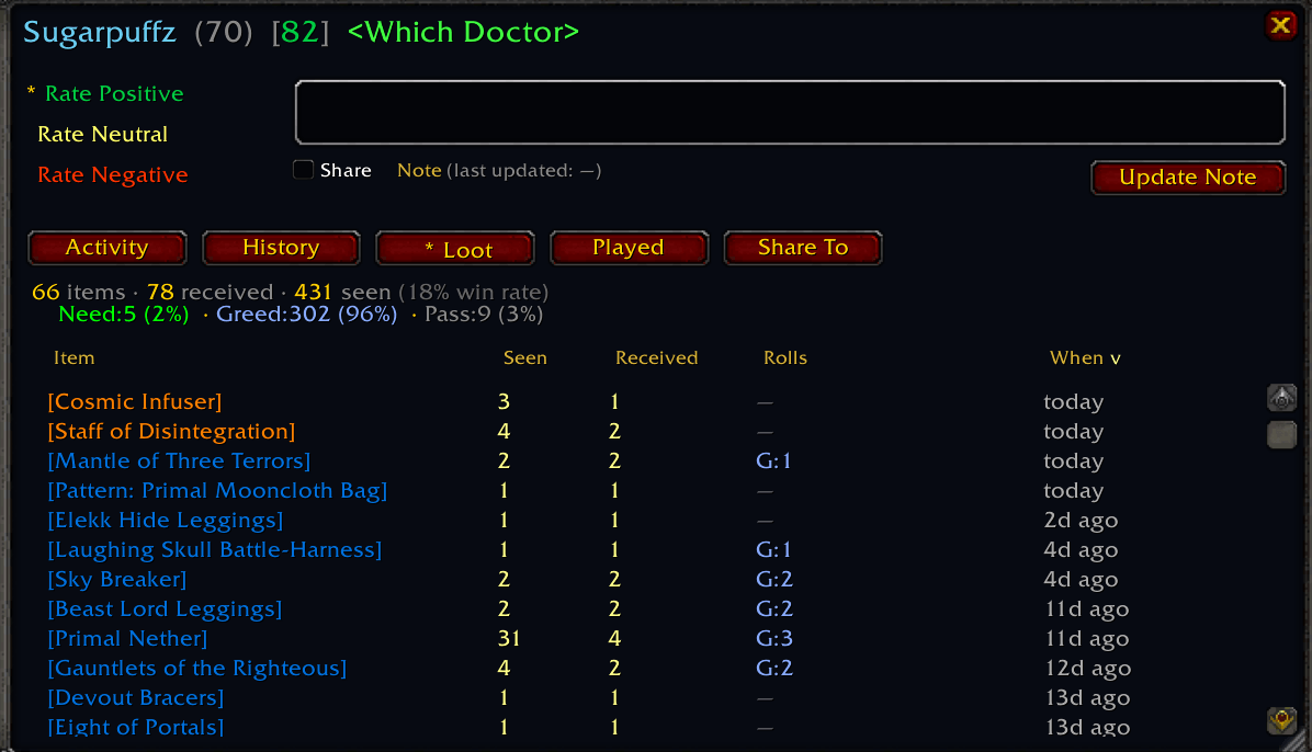 Addon player detail Loot tab listing items seen, received, roll methods, and dates