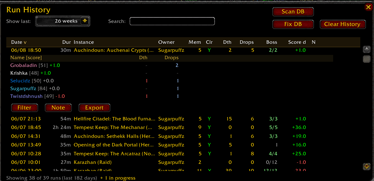 Addon Run History showing instances, duration, members, clears, deaths, drops, boss progress, and score changes